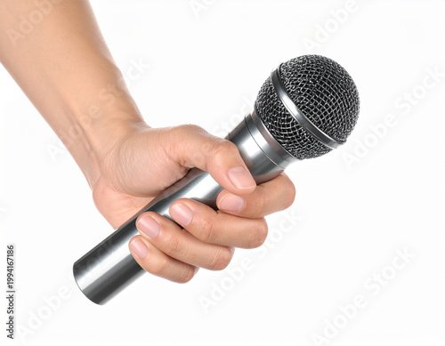 Hand holding microphone with transparent background