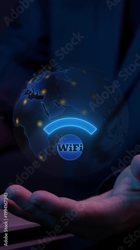 Wireless networking digital futuristic technology innovation. Business communication social network concept. Businessman holding earth virtual to show animation of Wifi internet network symbol icon.