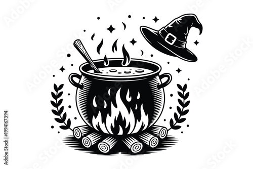 Witch cauldron boiling over fire with magic hat and laurels character.