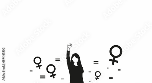 A woman raising her fist in support of gender equality with female symbols.