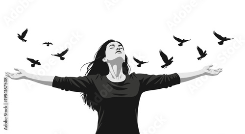 Woman with outstretched arms and flying birds representing freedom and peace.