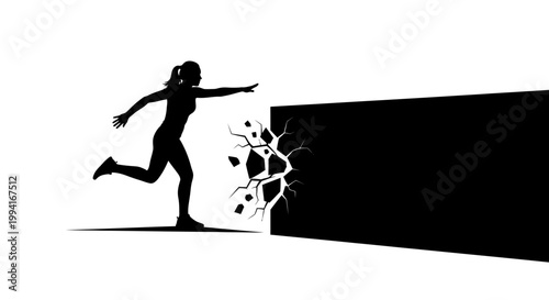 Silhouette of a woman breaking through a solid wall.