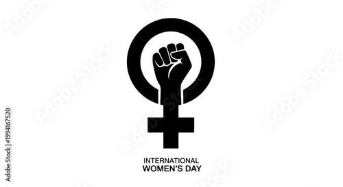 International Women Day symbol with raised fist in female gender sign.