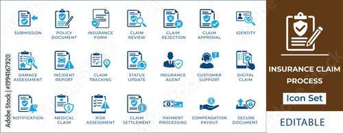 Insurance claim process icon set featuring policy document, claim review, rejection, approval, damage assessment, incident report, risk management, and medical claim symbols.