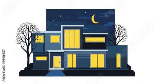 Modern Luxury Villa House Architecture with Glowing Windows at Night under Crescent Moon and Stars Vector Illustration