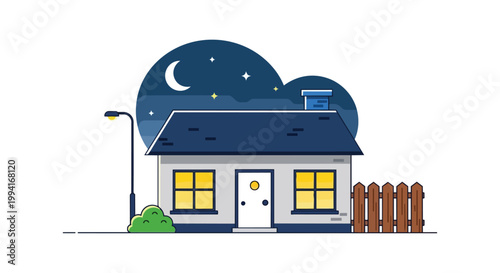 Cozy House Vector Illustration at Night with Glowing Windows Crescent Moon and Starry Sky