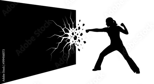 Silhouette of a determined woman punching through a solid black wall.