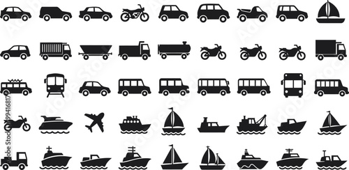 Black silhouettes of various vehicles and modes of transportation on white background