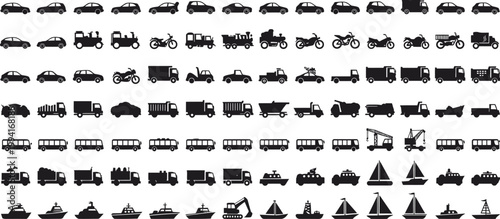 Black silhouette icons of various vehicles and modes of transportation on white background