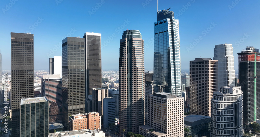 Obraz premium Los Angeles urban cityscape financial district. Los Angeles modern architecture towers buildings. Los Angeles aerial drone panorama California. Los Angeles business towers district.