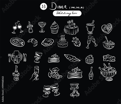 Hand Drawn Wedding Diner Icons Set, Food and Drink Bridal Doodle Collection