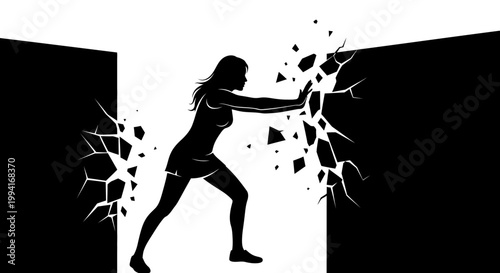 Silhouette of a strong woman pushing apart two heavy black walls.
