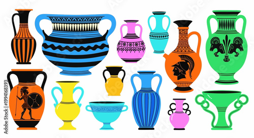 A collection of colorful ancient Greek vases on display in a museum exhibit hall with various designs and patterns
