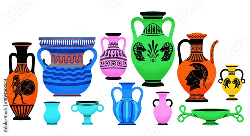 The colorful illustration showcases various ancient Greek vases and amphorae on display