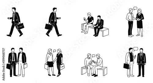 business people vector set of minimalist icons showing professionals in various corporate situations like talking and walking.