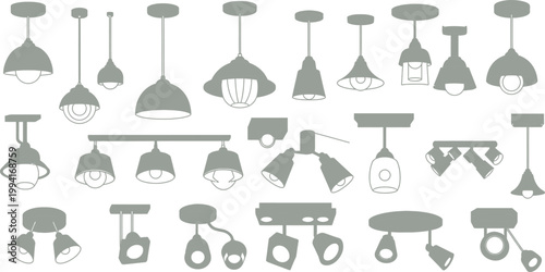 A vector illustration set of metal kitchen utensils and home furniture icons featuring 3D interior design objects like a table, chair, and lamp stand for a modern office or business sign
