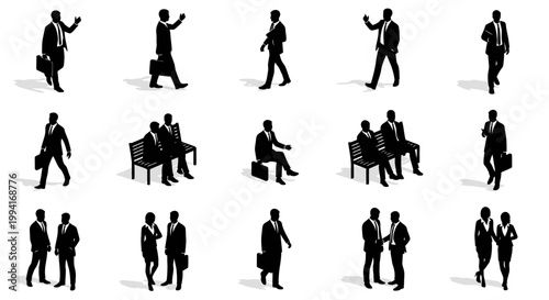 collection of isometric business people silhouettes walking talking and sitting illustrating corporate life