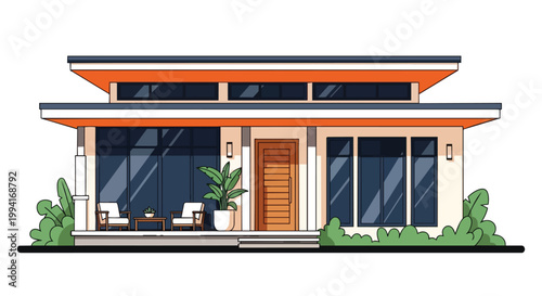 Modern Residential House Illustration with Flat Roof and Large Glass Windows