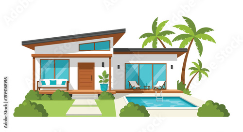 Modern Tropical Villa Vector Illustration with Swimming Pool and Palm Trees Luxury Vacation House Design