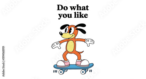A cartoon dog wearing roller skates rides a skateboard outdoors.