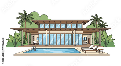 Modern Luxury Tropical Villa Architecture with Swimming Pool Palm Trees and Outdoor Lounge Area Vector Illustration