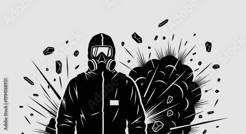 hazmat suit person stands amidst explosion and flying debris highlighting protective gear and safety in a dangerous environment.