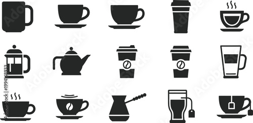 Collection of Coffee and Tea Beverage Icons and Utensils vector illustration