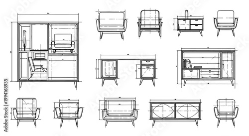 architectural furniture drawings illustrating detailed blueprints and cad plans for modern interior design ideal for professional home decor concepts and construction planning.