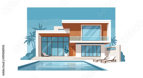Modern Luxury Villa House with Swimming Pool and Tropical Palm Trees, Minimalist Architecture Home Design Vector