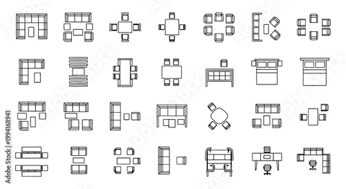 architectural furniture symbols set top view ideal for interior design and floor plans as vector icons for home and office layouts.