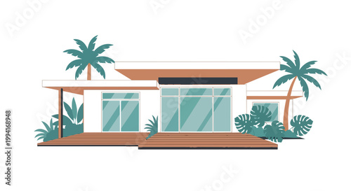 Modern Luxury Tropical Villa Architecture Vector Illustration with Palm Trees and Wooden Deck for Vacation and Real Estate