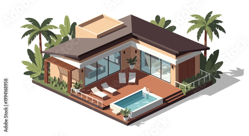 Isometric Modern Luxury Villa Illustration with Private Swimming Pool Lounge Area and Tropical Palm Trees