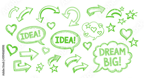 hand-drawn green doodle elements and sketch symbols including arrows hearts and idea speech bubbles representing creativity.