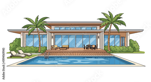Luxury Modern Villa House with Swimming Pool and Tropical Palm Trees Vector Illustration