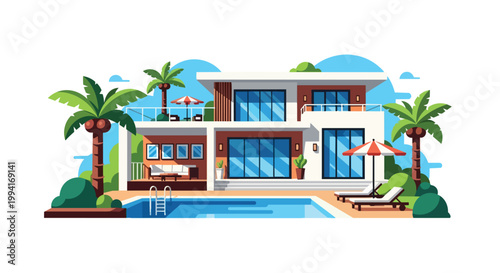 Modern Luxury Villa with Swimming Pool and Palm Trees Flat Vector Illustration, Contemporary Tropical Vacation House Architecture