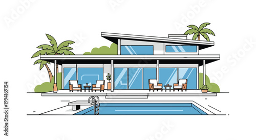 Modern Luxury Villa with Swimming Pool and Palm Trees Vector Illustration of Contemporary Tropical Resort House