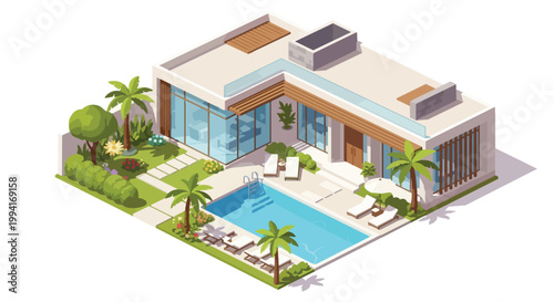 Modern Isometric Luxury Villa Illustration with Private Swimming Pool, Garden, and Palm Trees