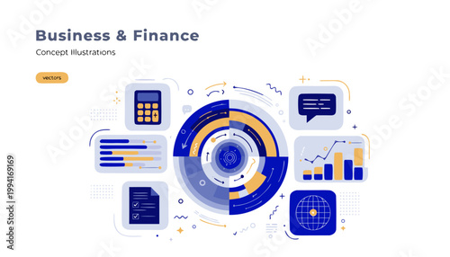 A vector graphic illustration of business and finance concepts with various icons and charts