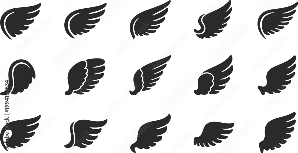 Fototapeta premium Collection of Wing Icons in Silhouette for Design Elements feather angel