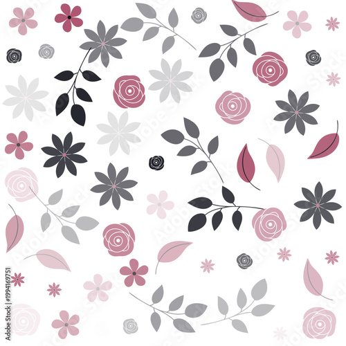 Seamless Floral Pattern with Pink Roses and Abstract Leaves in Minimal Modern Style