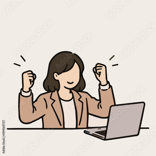 businesswoman celebrating success achievement with laptop office illustration