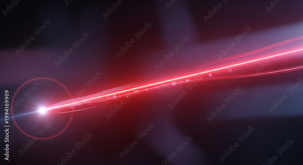 Fototapeta premium Red laser beam with bright light and lens flare on dark background