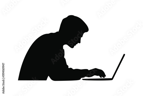 Silhouette of a man working on laptop, freelancer or office worker concept. Isolated vector illustration.