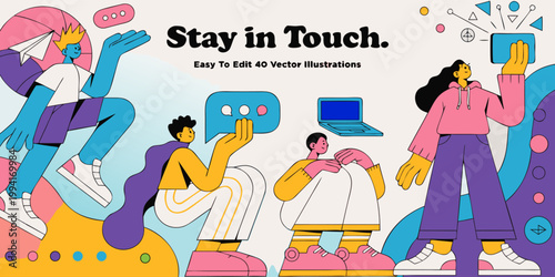 A colorful vector illustration of people staying in touch with technology