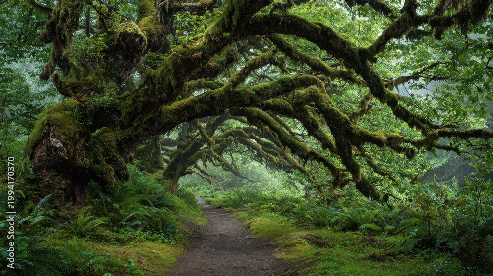 Fototapeta premium Moss Covered Ancient Tree Branch Arching Over A Forest Path With Lush Green Foliage And Misty Atmosphere