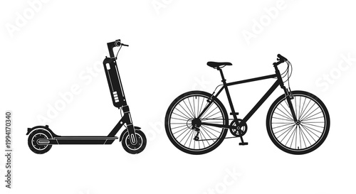A black and white illustration depicts an electric scooter and a hybrid bicycle presented as a bold silhouette high quality professional
