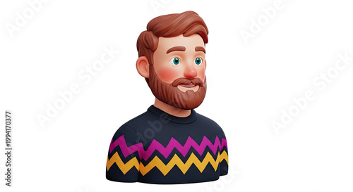 3D Cartoon Man with Beard and Zigzag Sweater