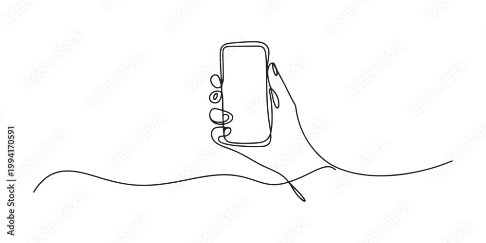 Obraz premium A continuous single line drawing of a hand holding a smartphone.one line vector illustration on white background