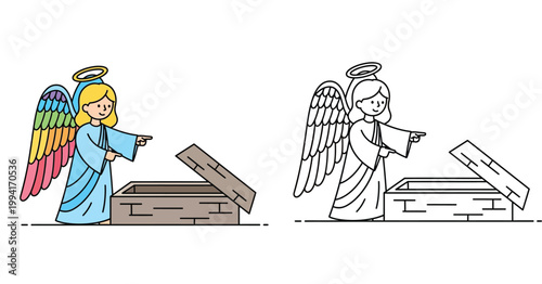 Cartoon Angel with Rainbow Wings Pointing at Empty Stone Tomb Resurrection of Jesus Christ Illustration for Kids Bible Story and Coloring Book Vector Set