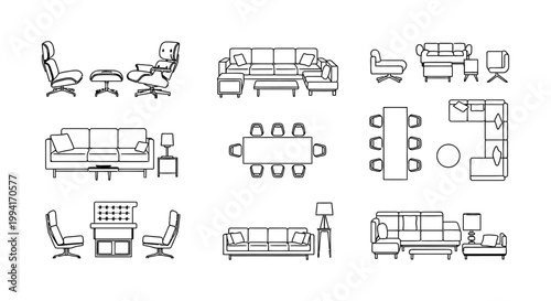 detailed furniture symbols for interior design and architectural floor plans perfect for decorating various modern living and office spaces.